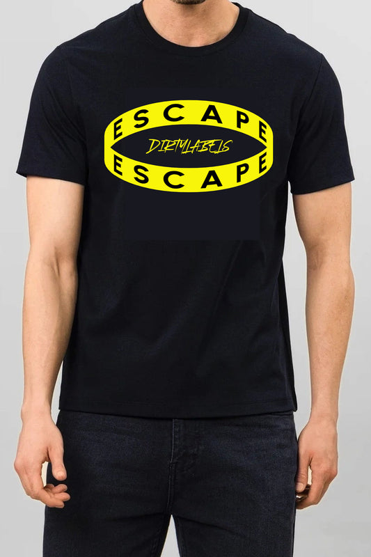 Dirtylabels high-end fashion tee in black with bold yellow ESCAPE graphic for stylish looks in India