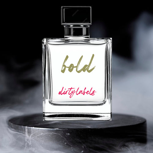 Bold dirtylabels luxury fragrance online displayed in an elegant glass bottle on a dark background