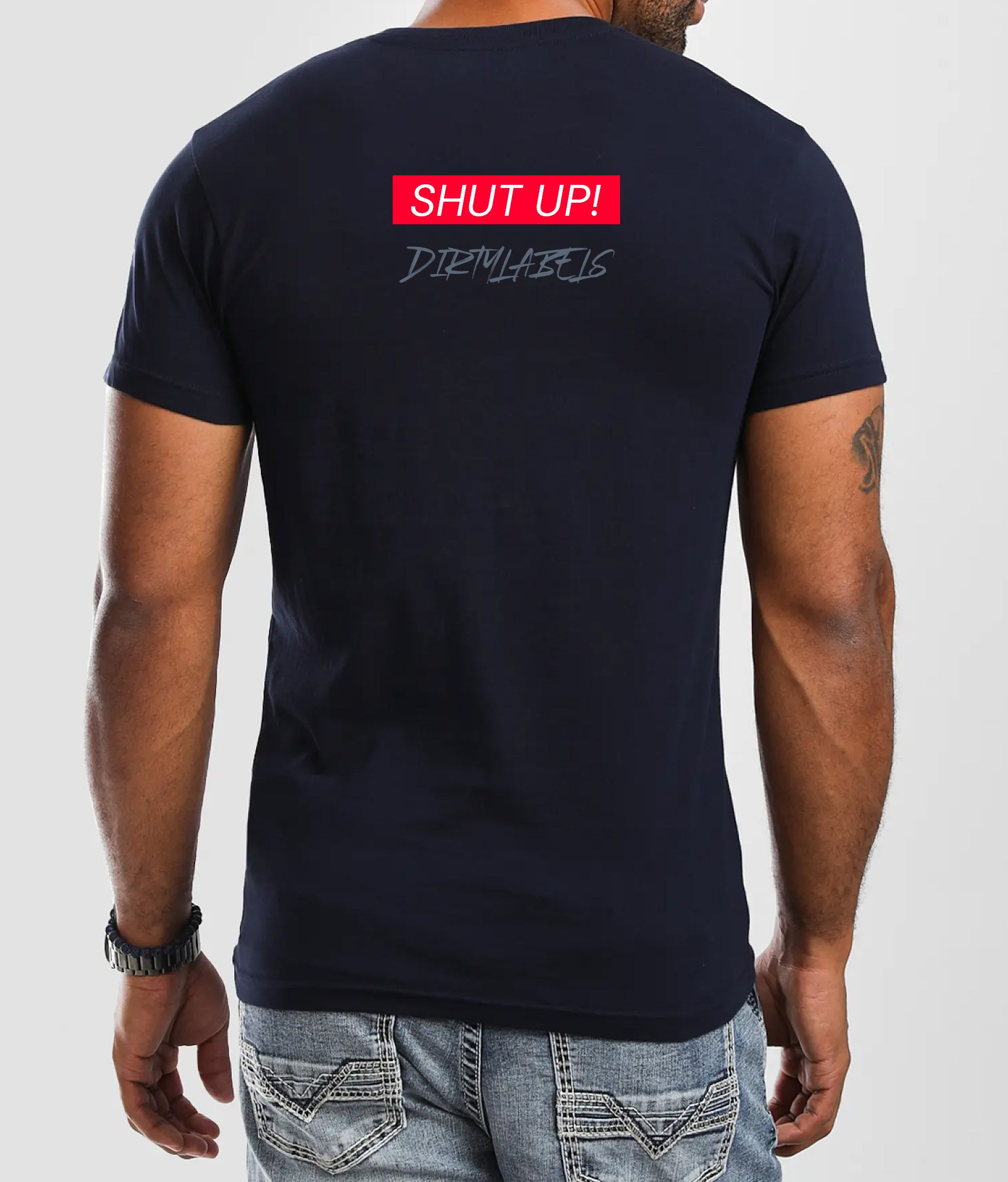 Men's casual wear online featuring a navy blue t-shirt with 'SHUT UP!' graphic and Dirtylabels logo