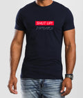 Men's casual wear online featuring a navy T-shirt with 'Shut Up!' graphic design
