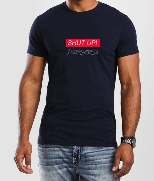 Men's casual wear online featuring a navy T-shirt with 'Shut Up!' graphic design