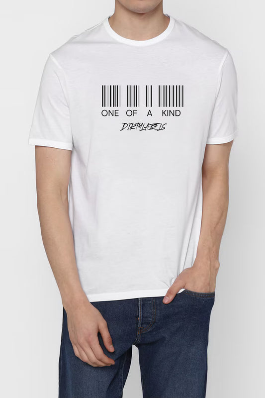 Men's white one of a kind shirts men with barcode graphic design by Dirty Labels