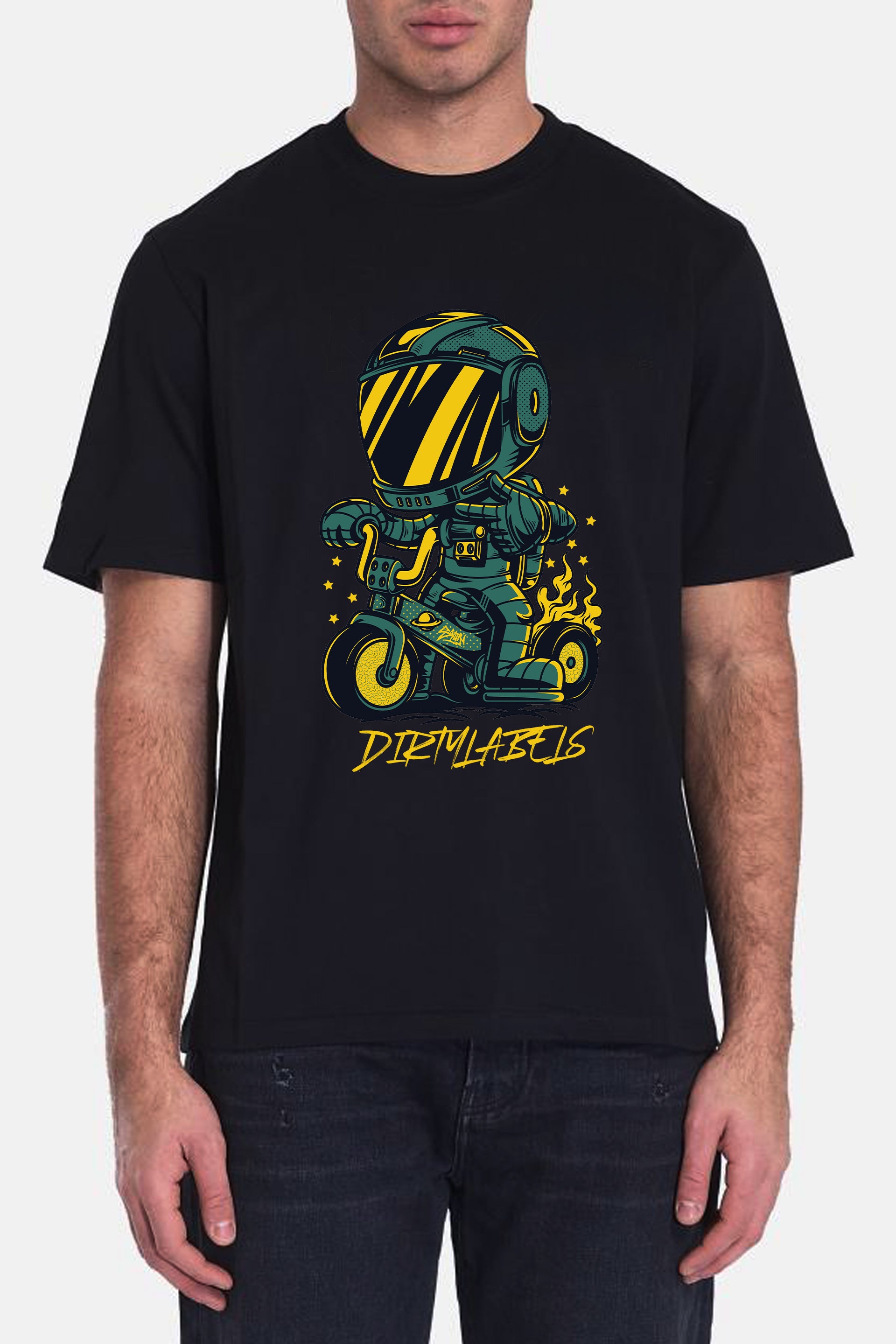 Premium space-themed tee featuring a colorful astronaut design on a black shirt