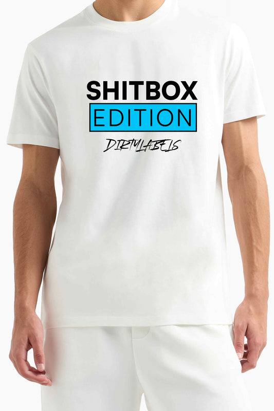 White ShitBox edition t-shirt by DirtyLabels featuring a bold graphic print