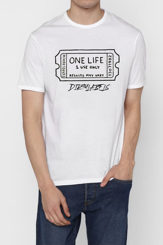 Dirtylabels trendy clothing white t-shirt with unique graphics and bold text design for casual wear