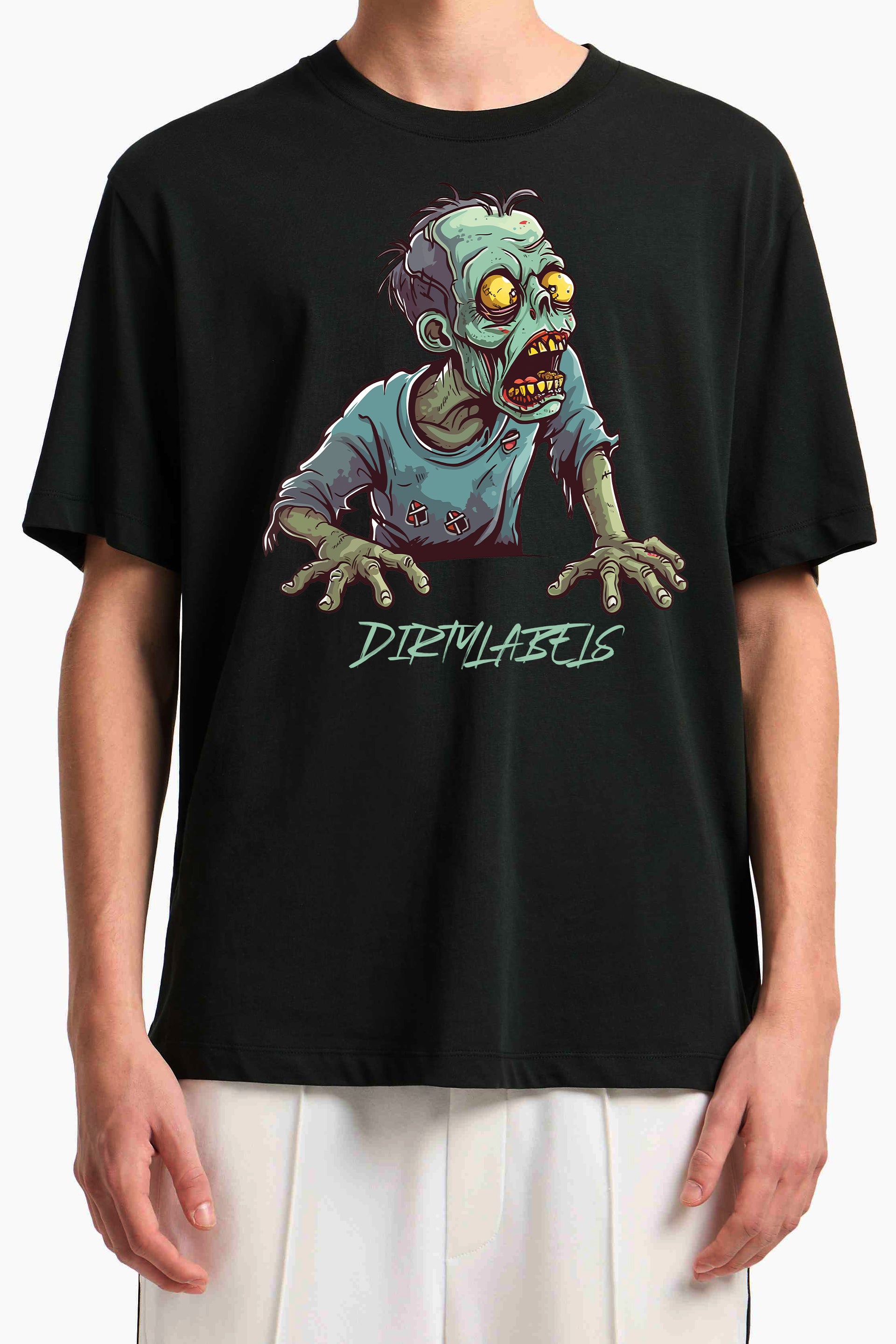 Unisex zombie t-shirt India featuring a vibrant zombie graphic by DirtyLabels on a black background