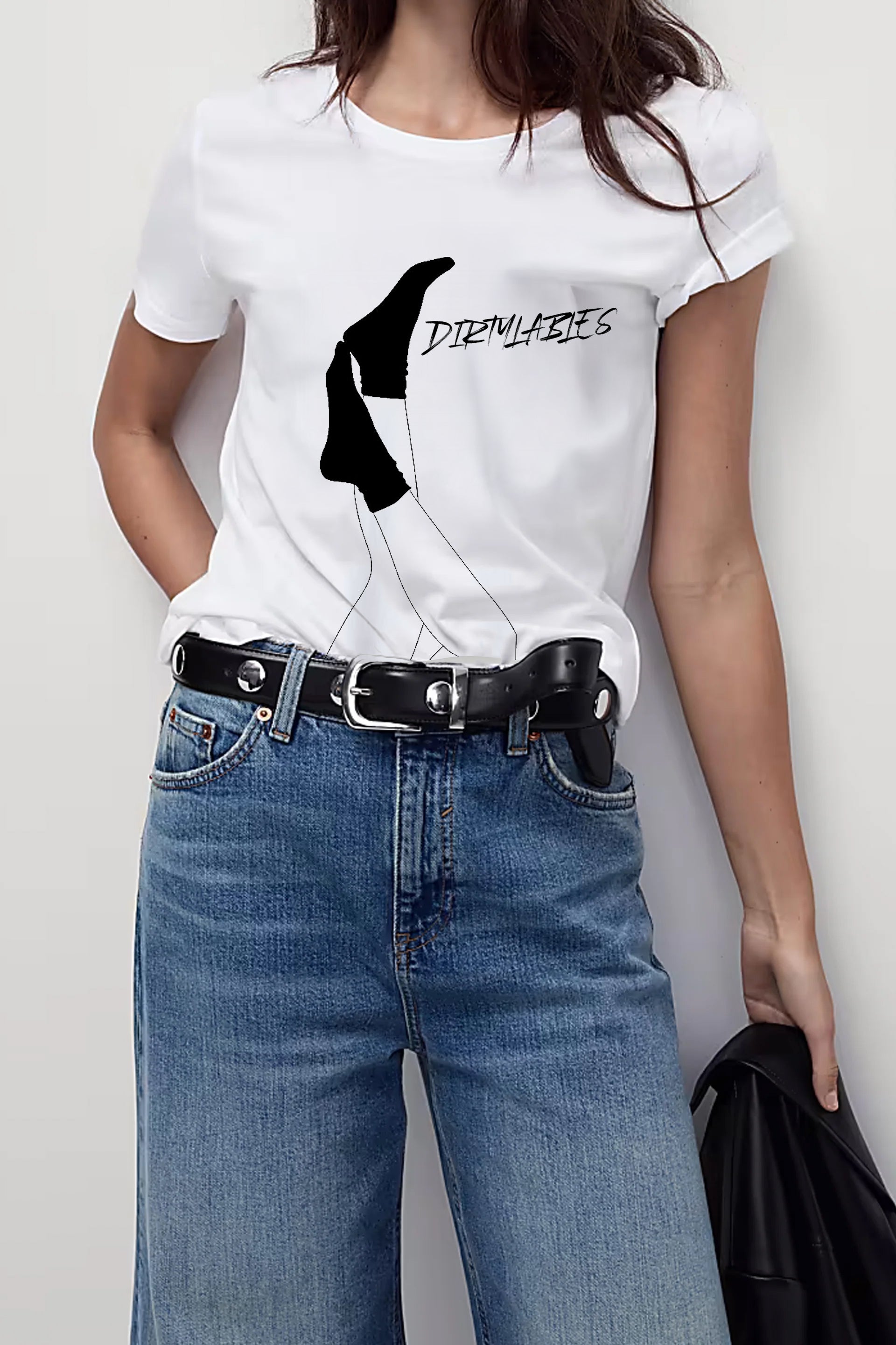 Dirtylabels women's fashion white t-shirt featuring a unique graphic print and relaxed fit
