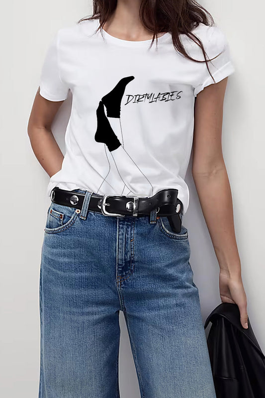 Dirtylabels women's fashion white t-shirt featuring a unique graphic print and relaxed fit