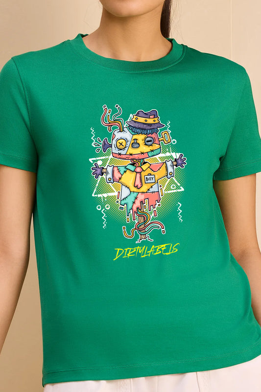 Dirtylabels Effortless Billy T-Shirt online India featuring a colorful graphic design on a green shirt