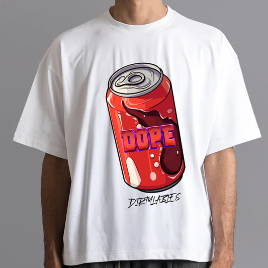 White unisex t-shirt featuring a colorful Dope print t-shirt unisex design with a soda can graphic