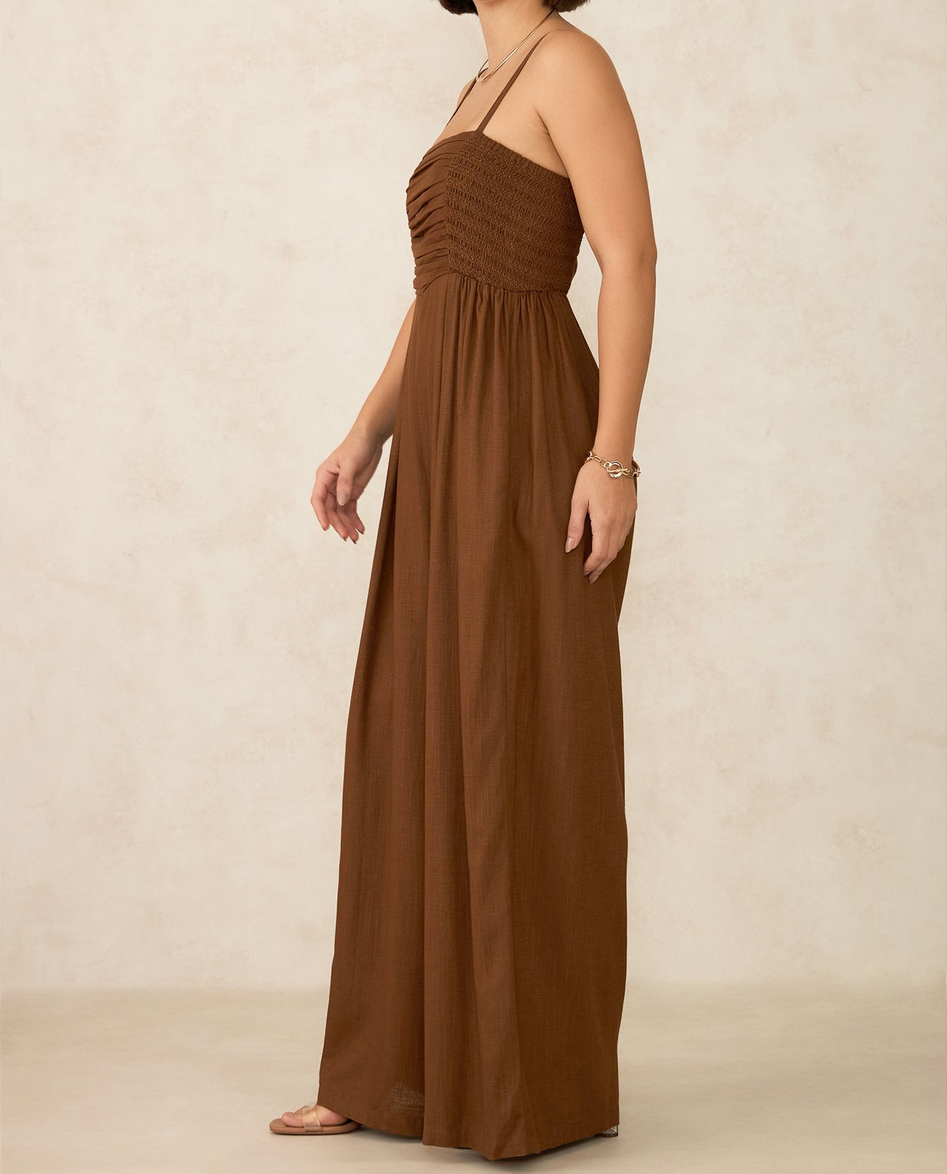 Brown elegant jumpsuit for parties with a fitted bodice and flowing skirt for a stylish look