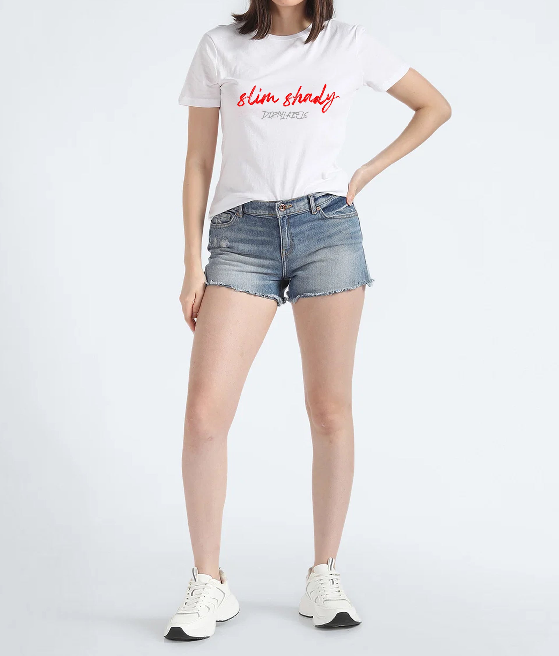 White Slim Shady T-shirt from Eminem tour merchandise India paired with denim shorts