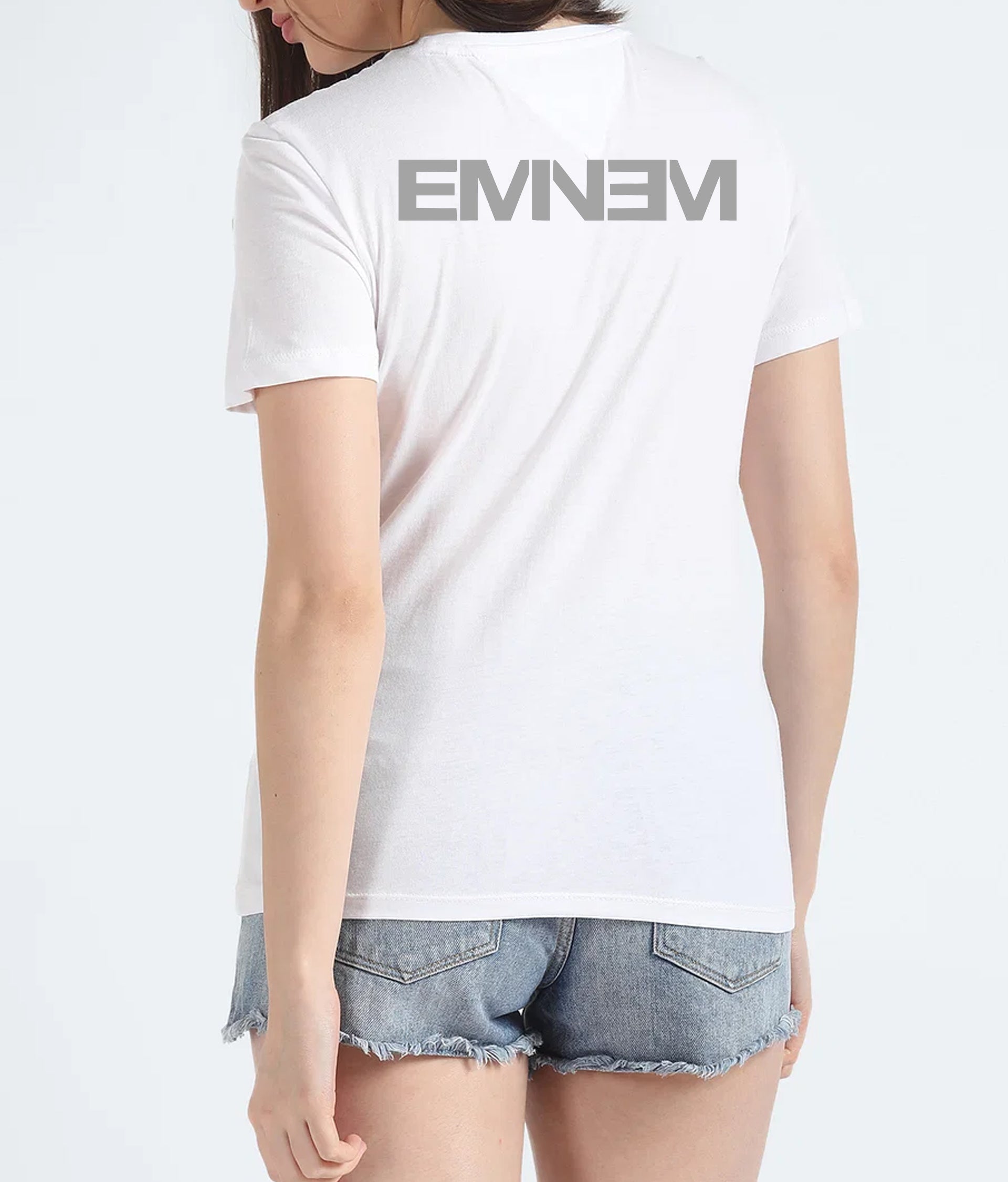 White Eminem tour merchandise India t-shirt featuring bold EMEN logo on the back
