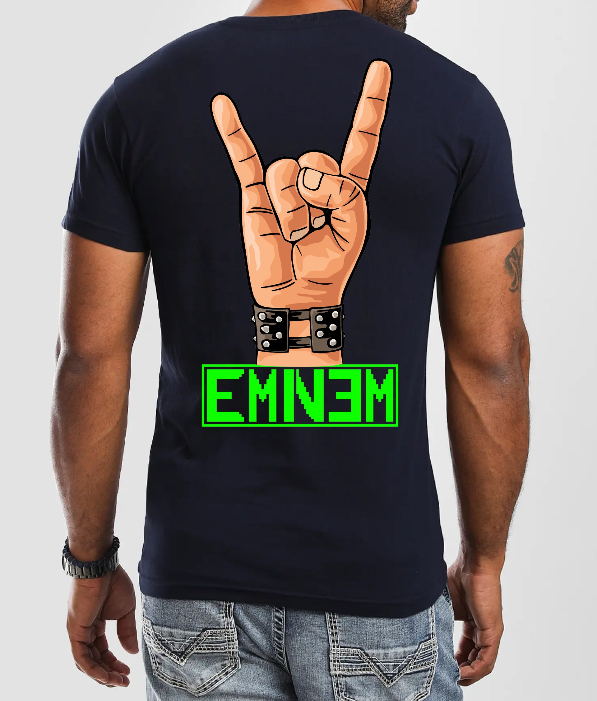 Exclusive Eminem merchandise India featuring a graphic rock hand symbol on a navy t-shirt