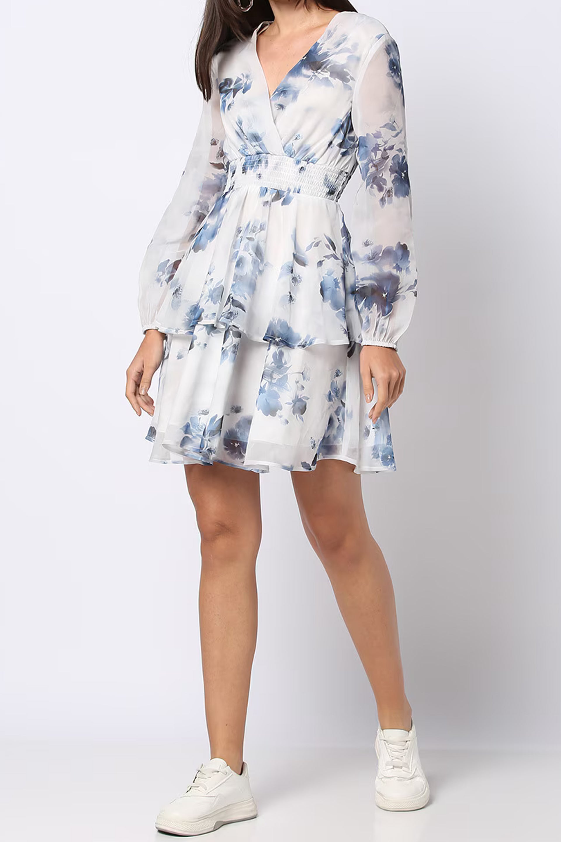Elegant Floral Fit and Flare Dress with long sheer sleeves and a tiered skirt