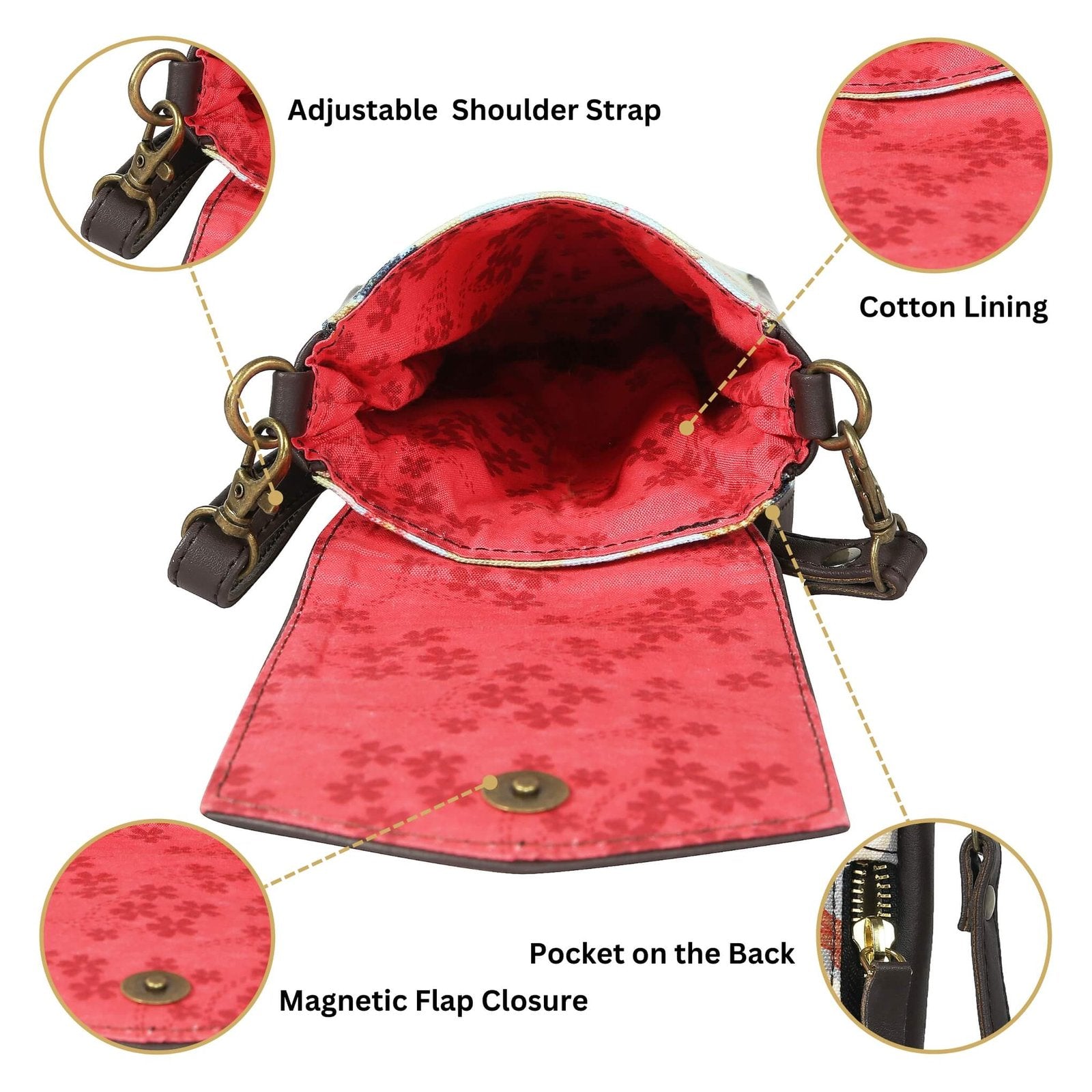 Floral mobile sling bag with adjustable shoulder strap and cotton lining for everyday use