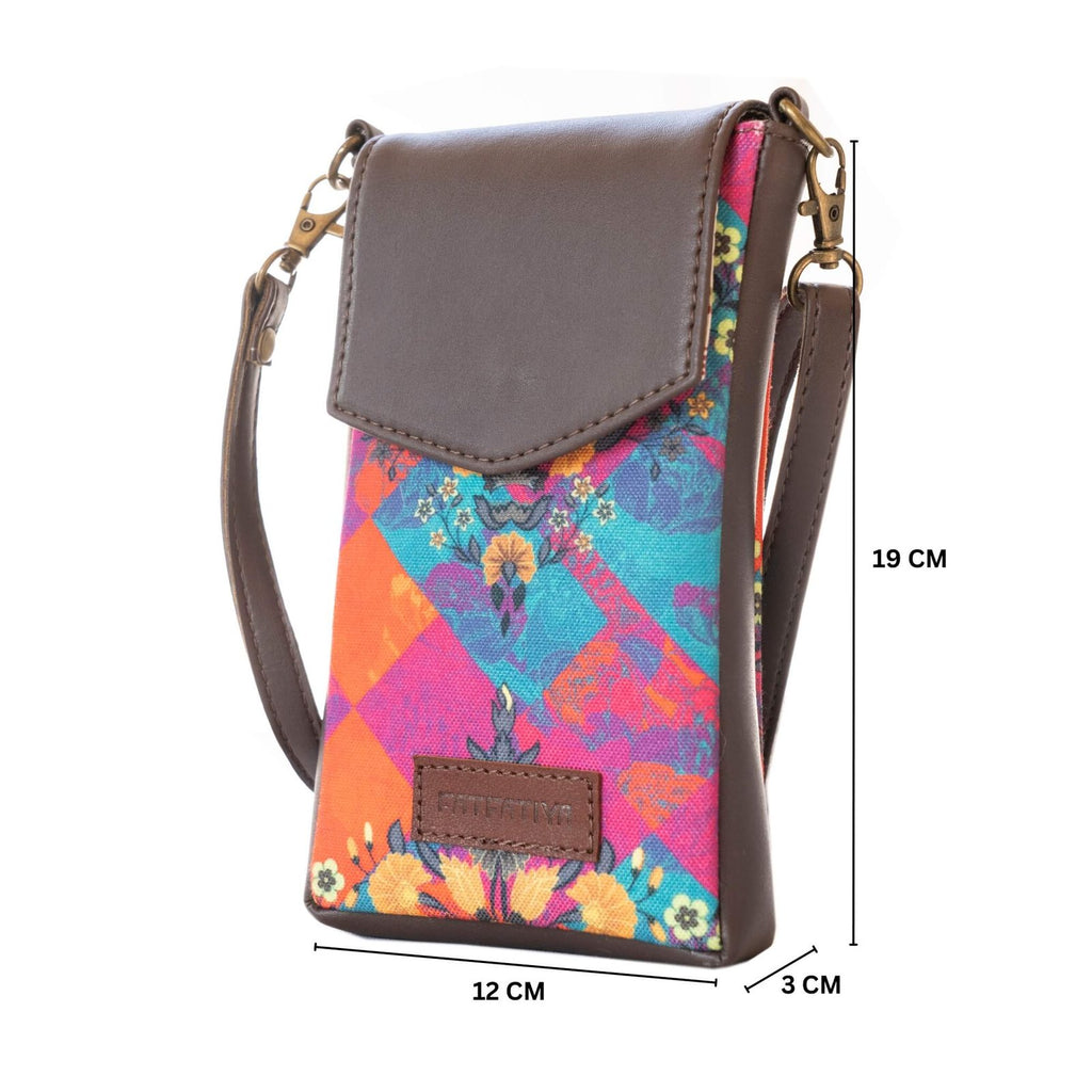 Colorful floral mobile sling bag with vibrant patterns and adjustable strap for stylish convenience