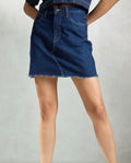Frayed denim mini skirt in dark wash with a stylish cut and raw hem for a trendy look