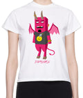 Funky casual t-shirts featuring a cartoon devil character in pink with a playful design