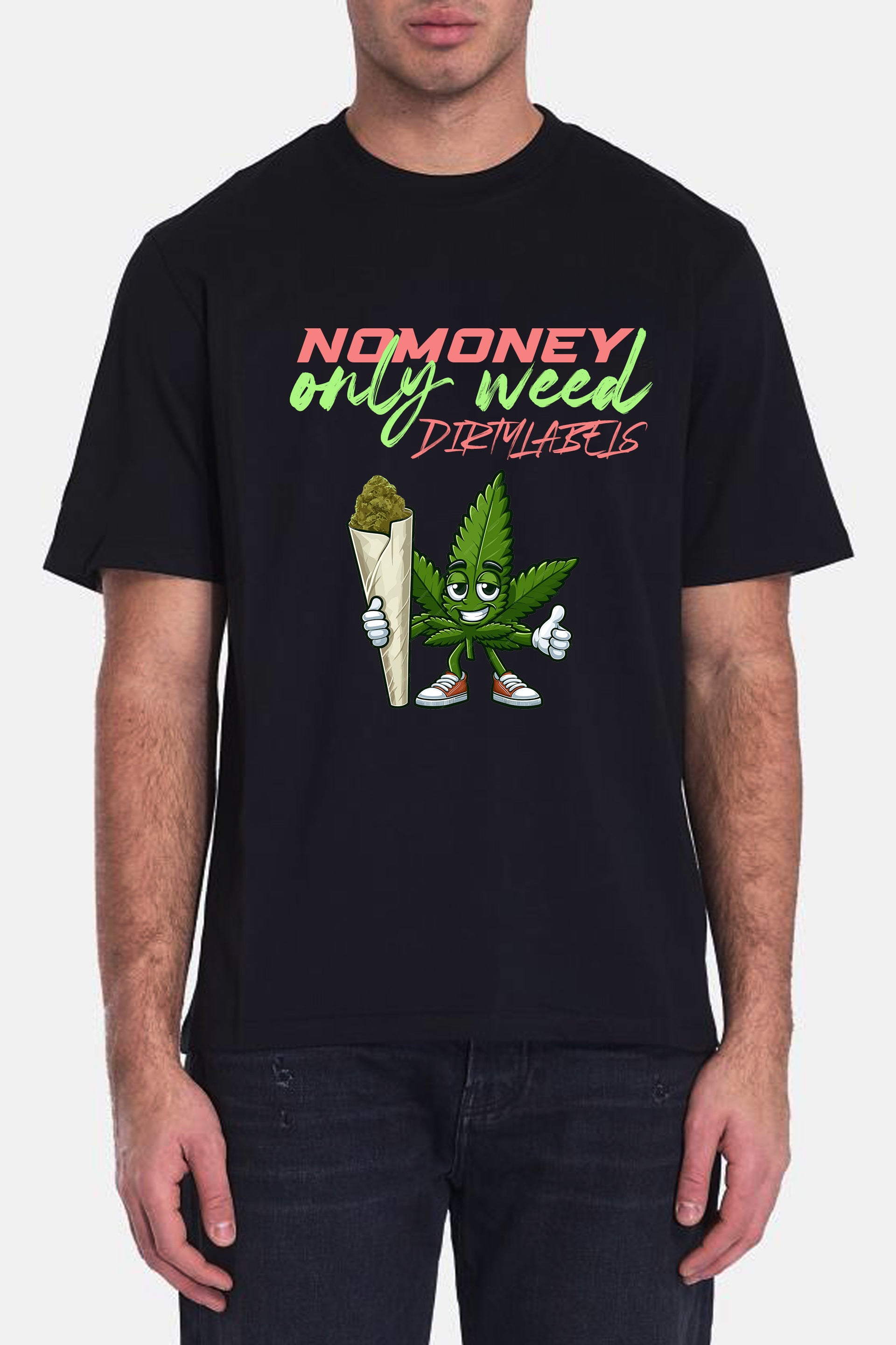 Funny weed shirt India featuring a cartoon cannabis character holding a joint and stylish text