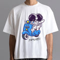 White graphic astronaut t-shirt featuring a cartoon astronaut on a blue scooter by Dirtylabels