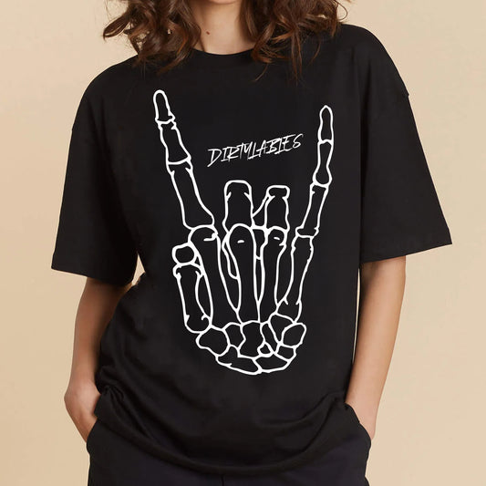 Black graphic t-shirt for women with skeleton hand design by Dirtylabels
