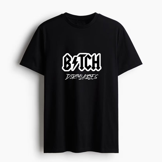 Black graphic t-shirt for men and women featuring a bold BITCH design from Dirtylabels
