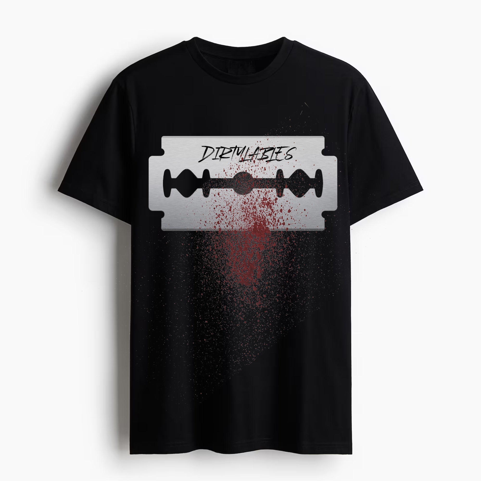 DirtyLabels graphic tee for men and women featuring a bold razor blade design