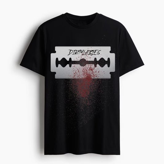 DirtyLabels graphic tee for men and women featuring a bold razor blade design