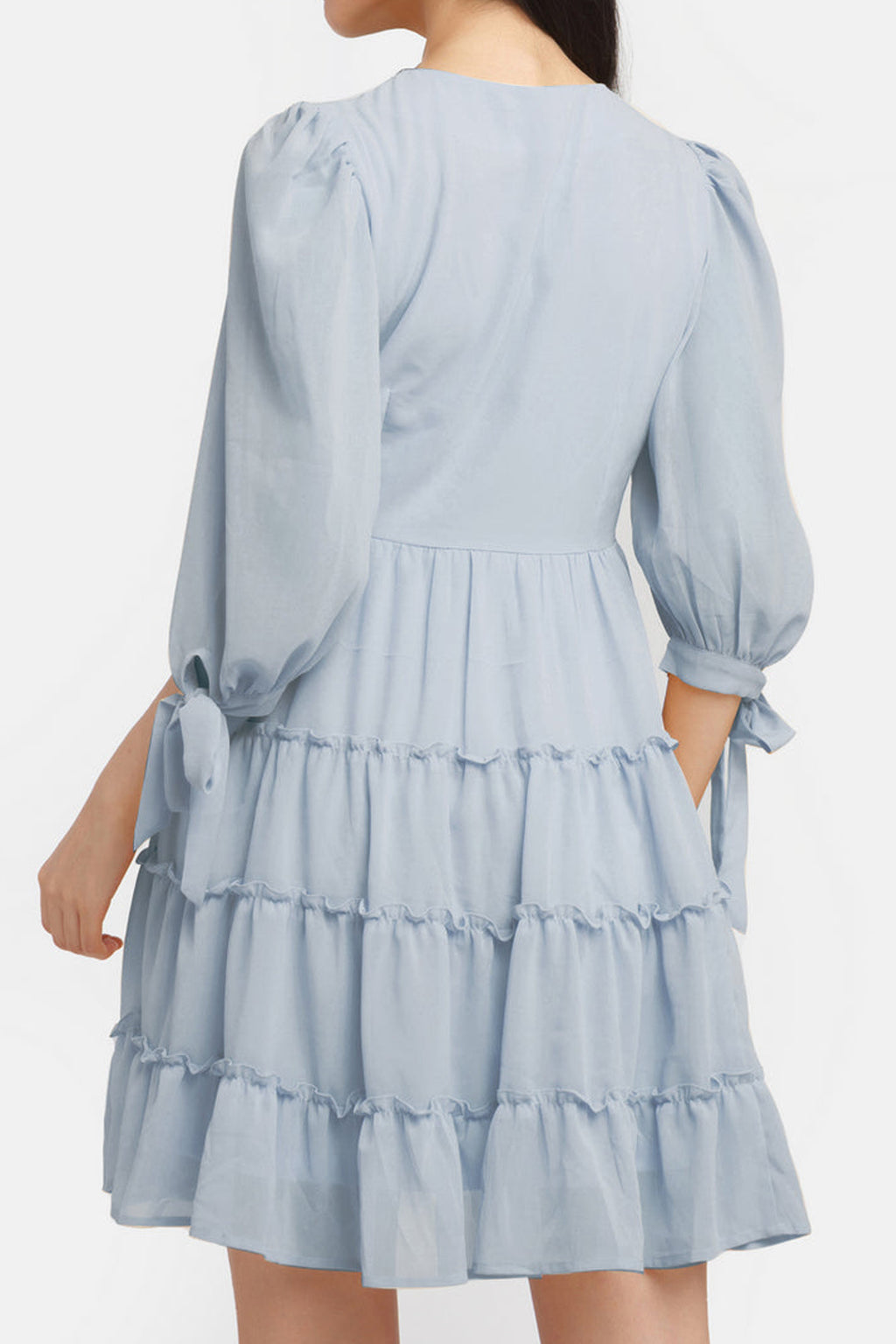Grey Solid Short Dress with Puff Sleeves and Ruffle Hem for Casual Summer Wear