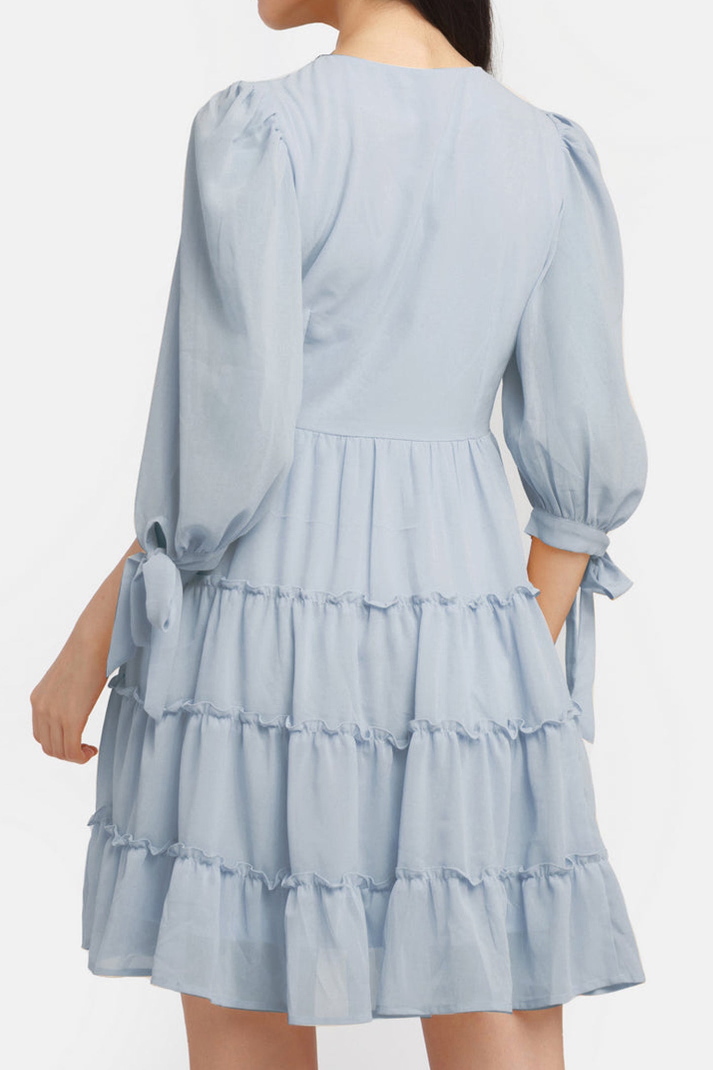 Grey Solid Short Dress with Puff Sleeves and Ruffle Hem for Casual Summer Wear