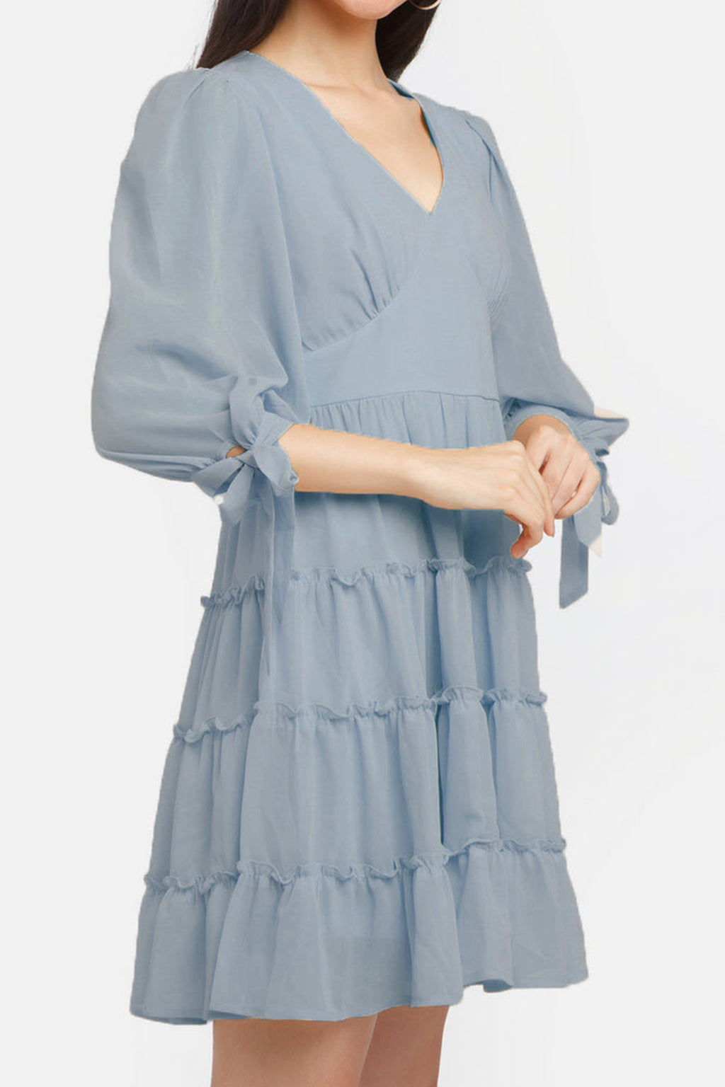 Light blue Grey Solid Short Dress with puff sleeves and ruffled hem for a stylish summer look