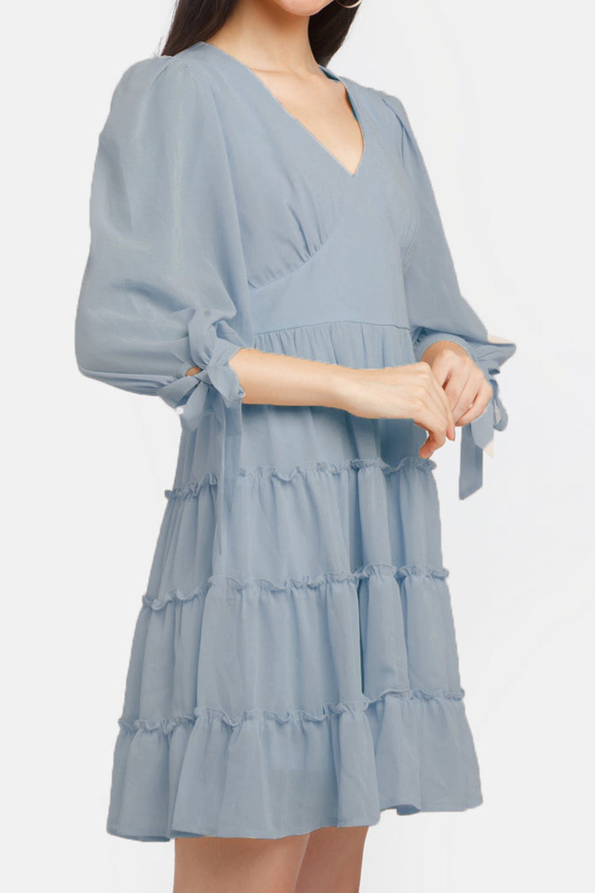 Light blue Grey Solid Short Dress with puff sleeves and ruffled hem for a stylish summer look