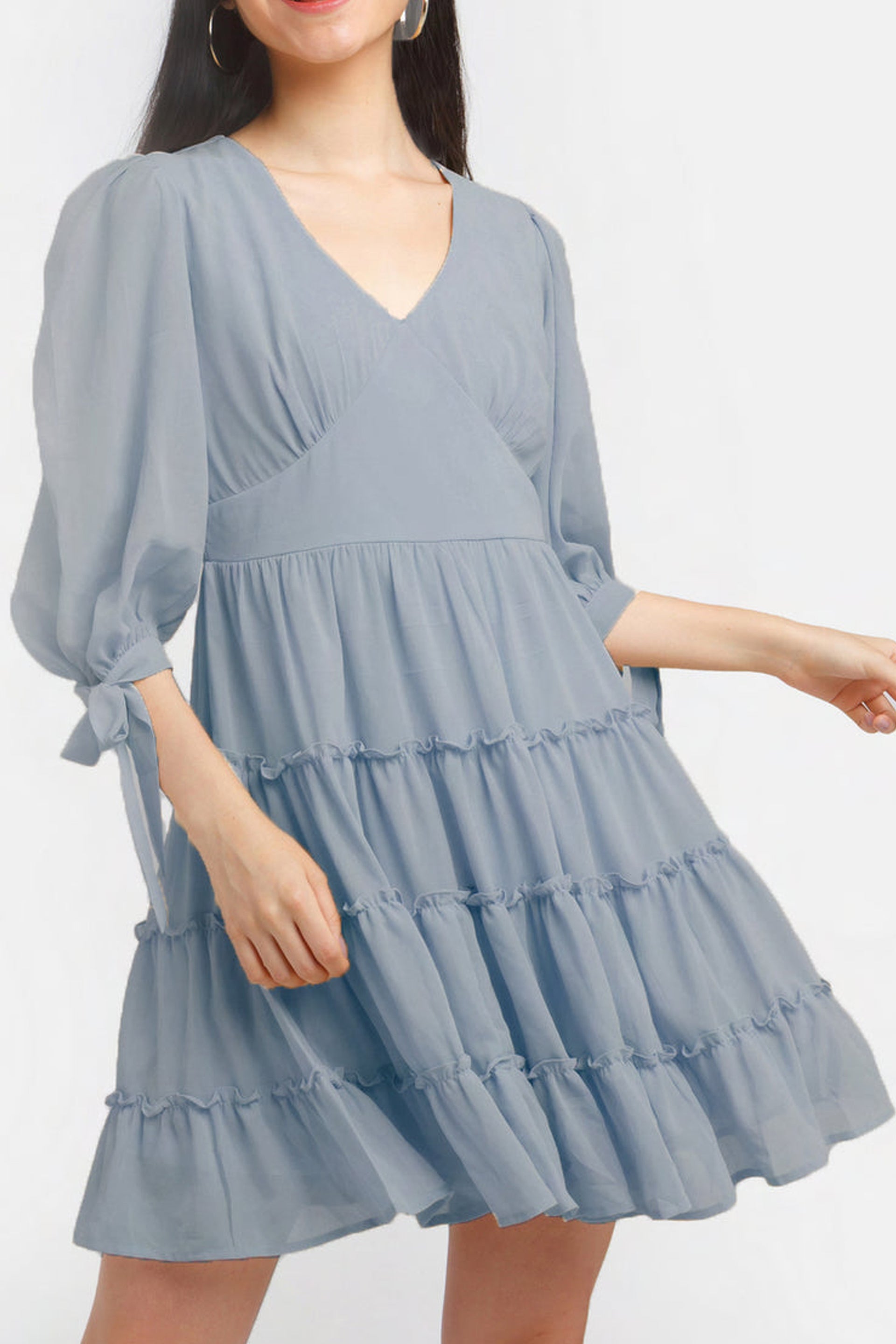Grey Solid Short Dress with V-Neck and Ruffled Skirt for Stylish Casual Wear