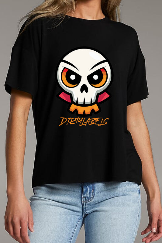 Black Halloween graphic tee India featuring a colorful skull design by Dirtylabels