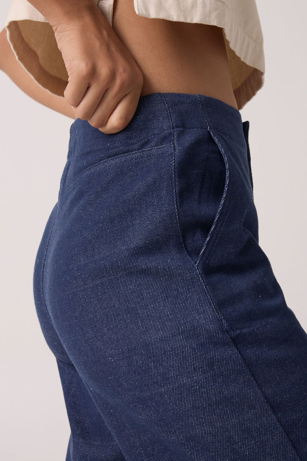 Side view of handloom denim pants India showcasing the tailored fit and quality craftsmanship