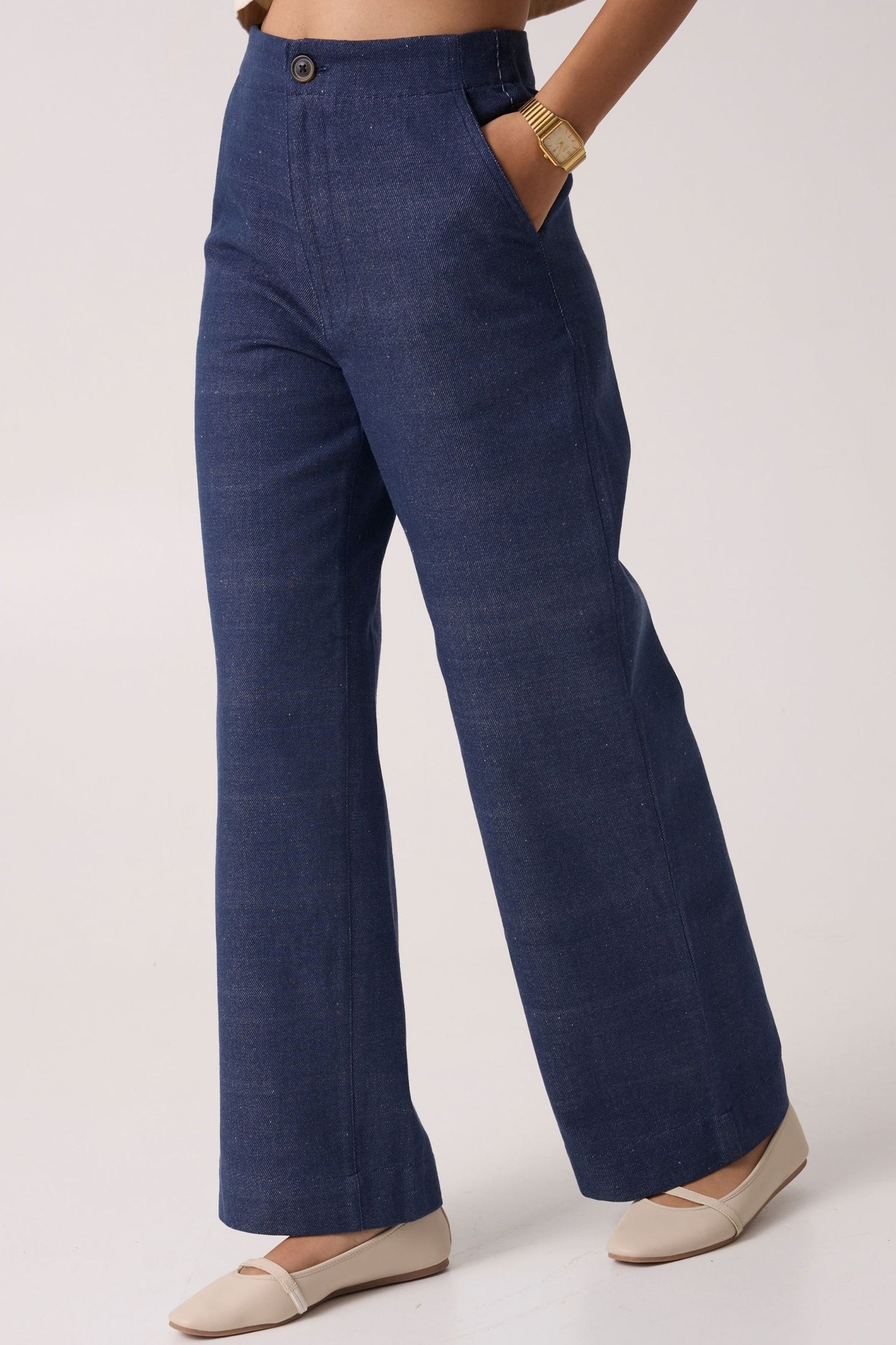 Stylish handloom denim pants India with wide legs and side pockets for comfortable wear