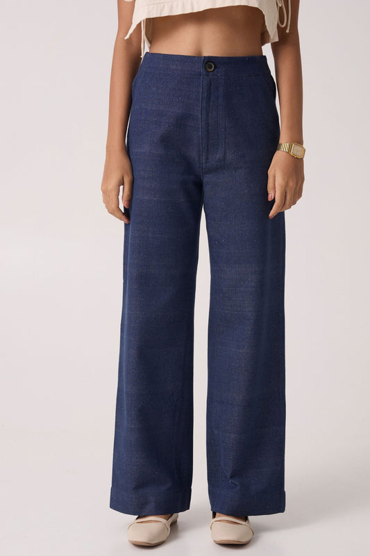 Stylish handloom denim pants India in dark blue with a relaxed fit and high waist design