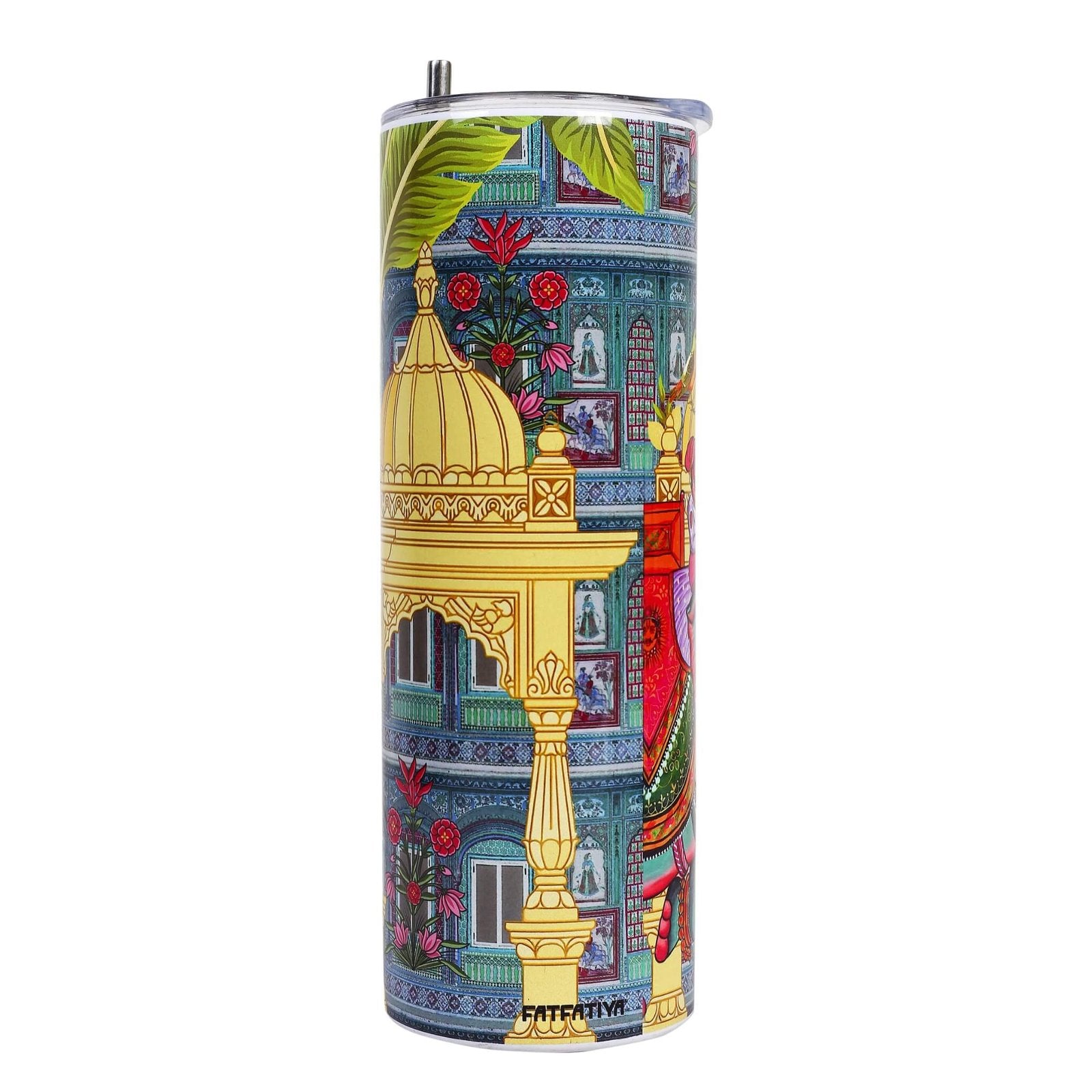 Fatfatiya Indian design drinking tumbler featuring vibrant colors and intricate architectural patterns