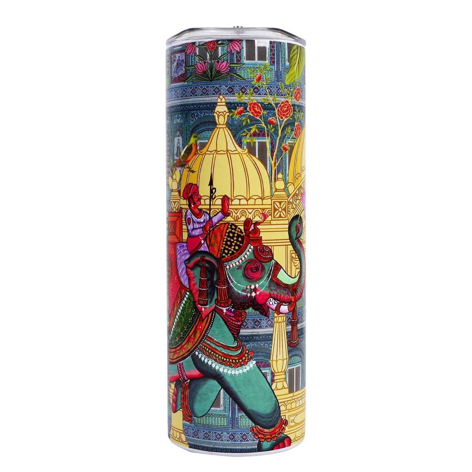 Fatfatiya Indian design drinking tumbler featuring vibrant elephant artwork and intricate patterns
