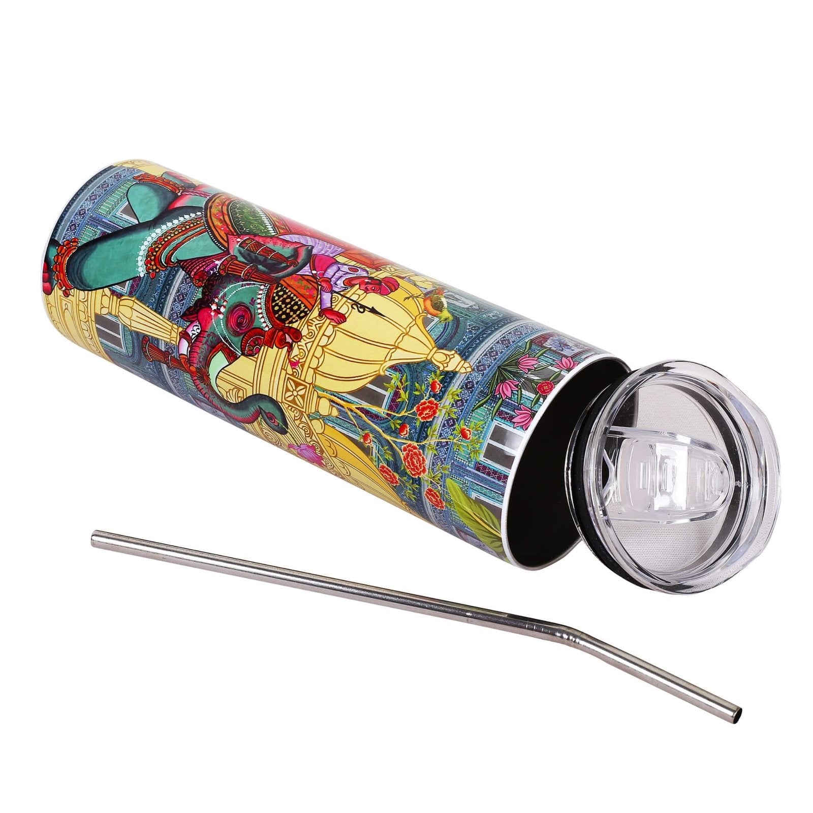 Indian design drinking tumbler featuring colorful artwork and a reusable straw for stylish hydration