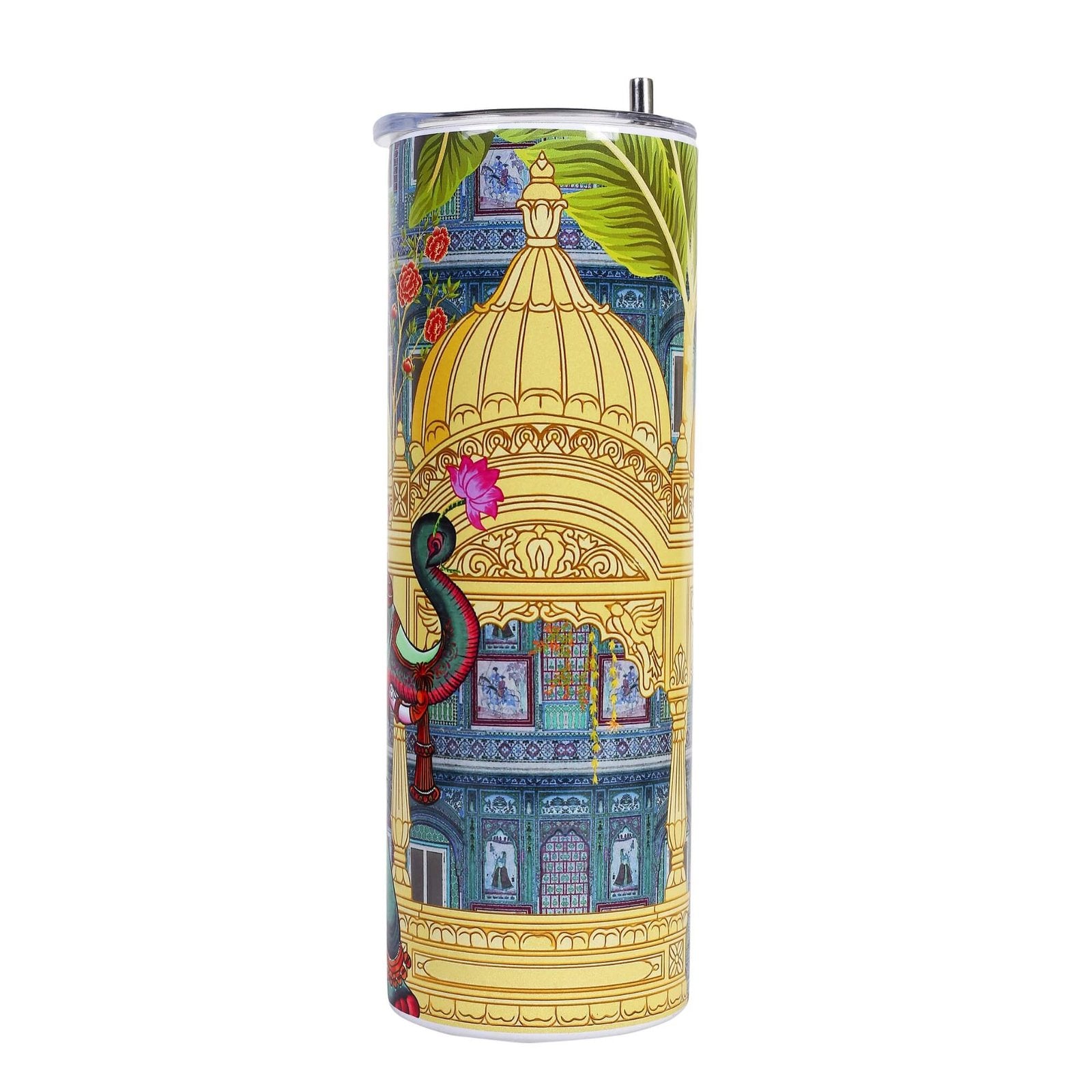 Fatfatiya Indian design drinking tumbler featuring a colorful peacock and palace illustration