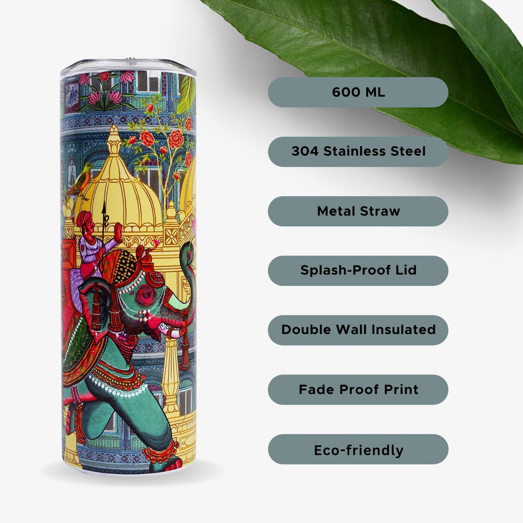 Fatfatiya Indian design drinking tumbler made from stainless steel with a vibrant print and eco-friendly features