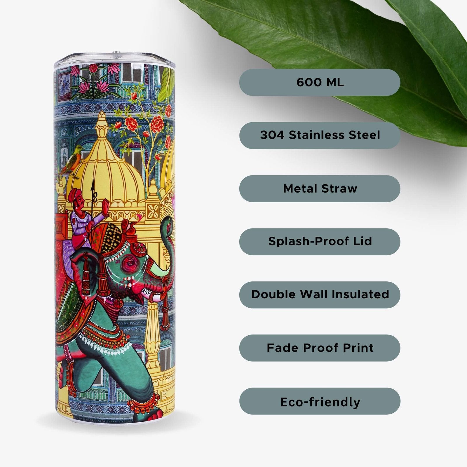 Fatfatiya Indian design drinking tumbler made from stainless steel with a vibrant print and eco-friendly features