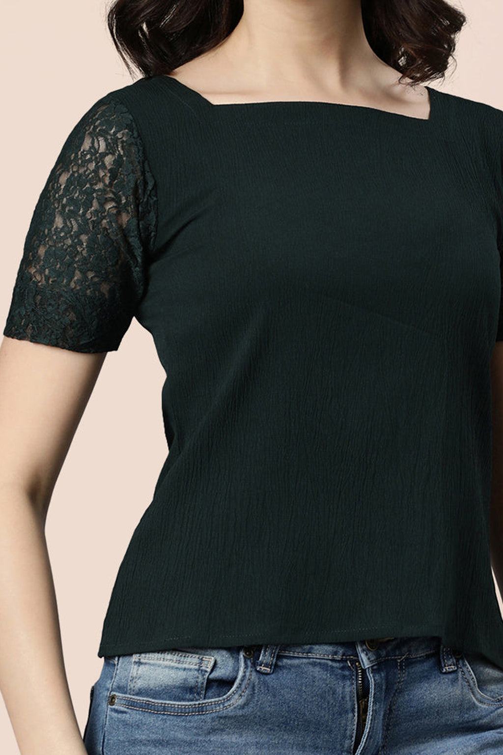 Elegant dark green Indian fashion lace blouse with stylish lace sleeves and a square neckline