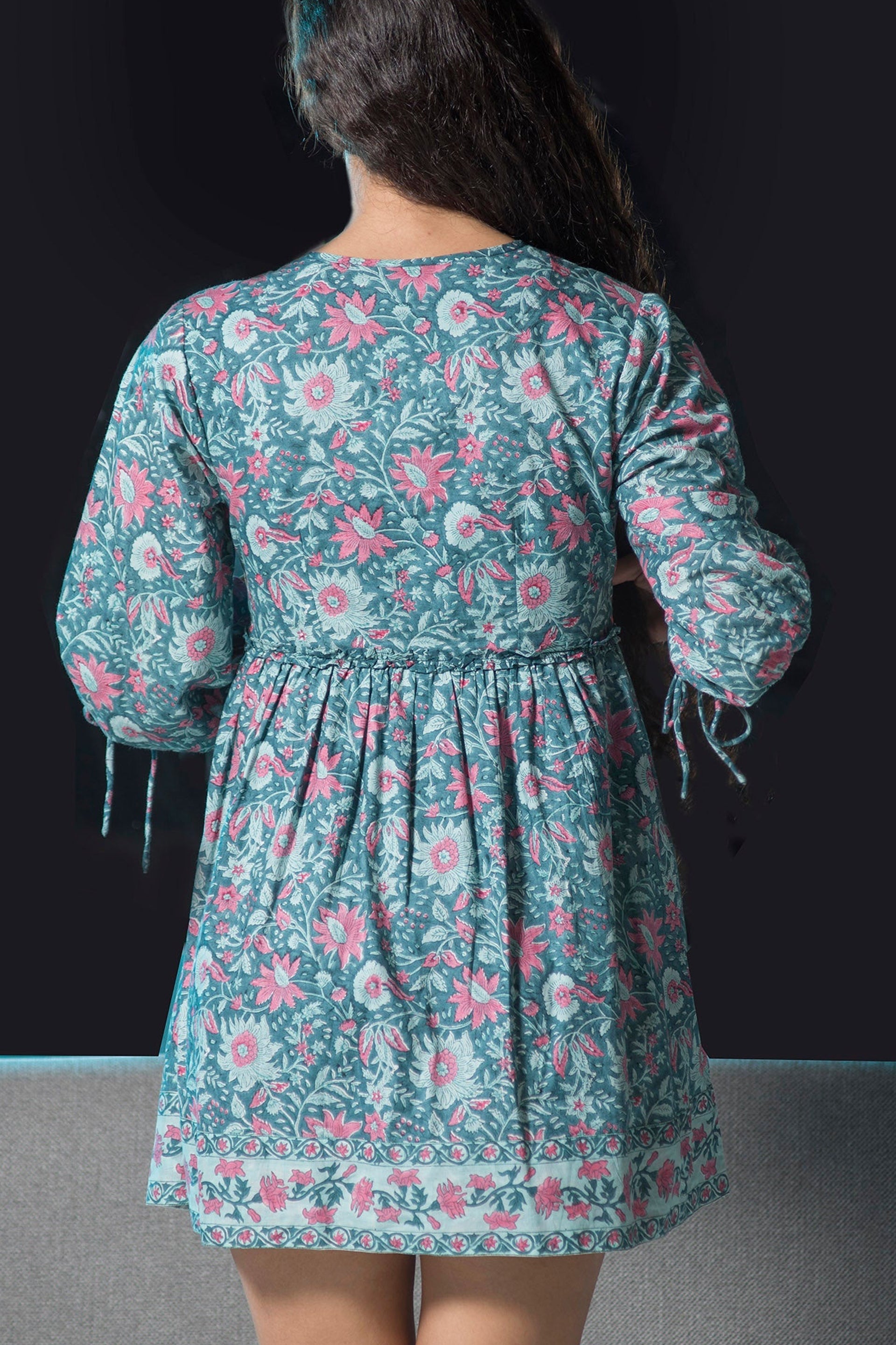 Back view of a Jaipur block print dress with floral patterns in blue and pink tones