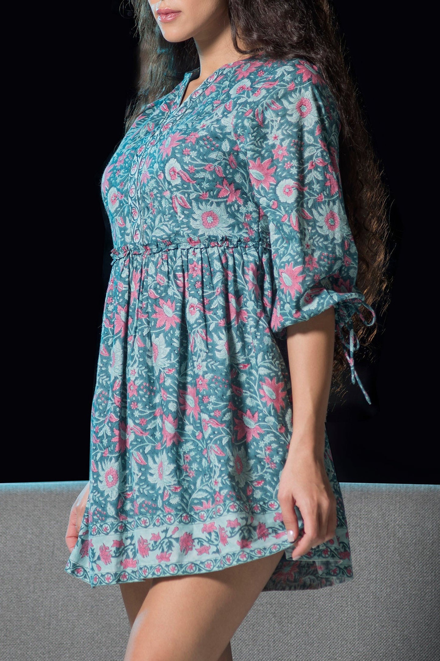 Light blue Jaipur block print dress with floral design and short sleeves for a stylish summer look