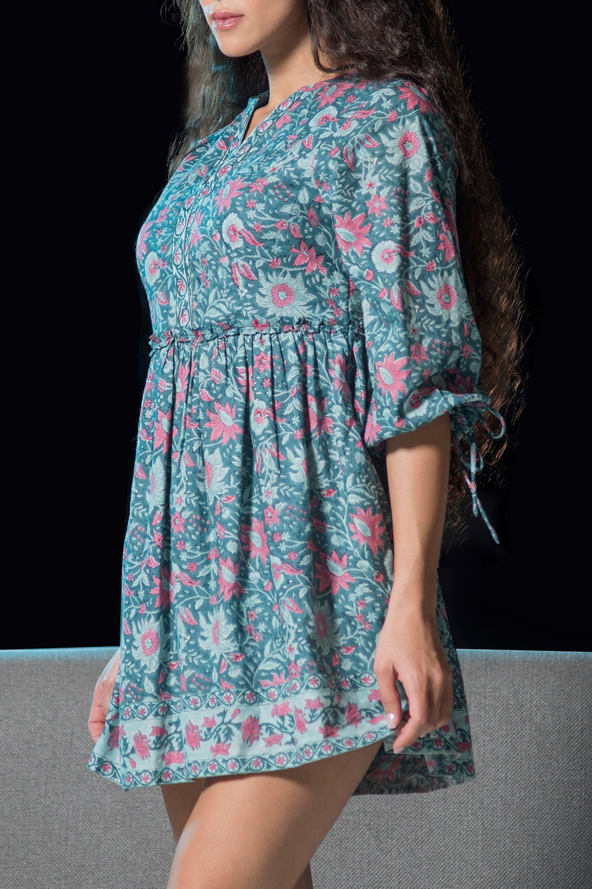 Light blue Jaipur block print dress with floral design and short sleeves for a stylish summer look