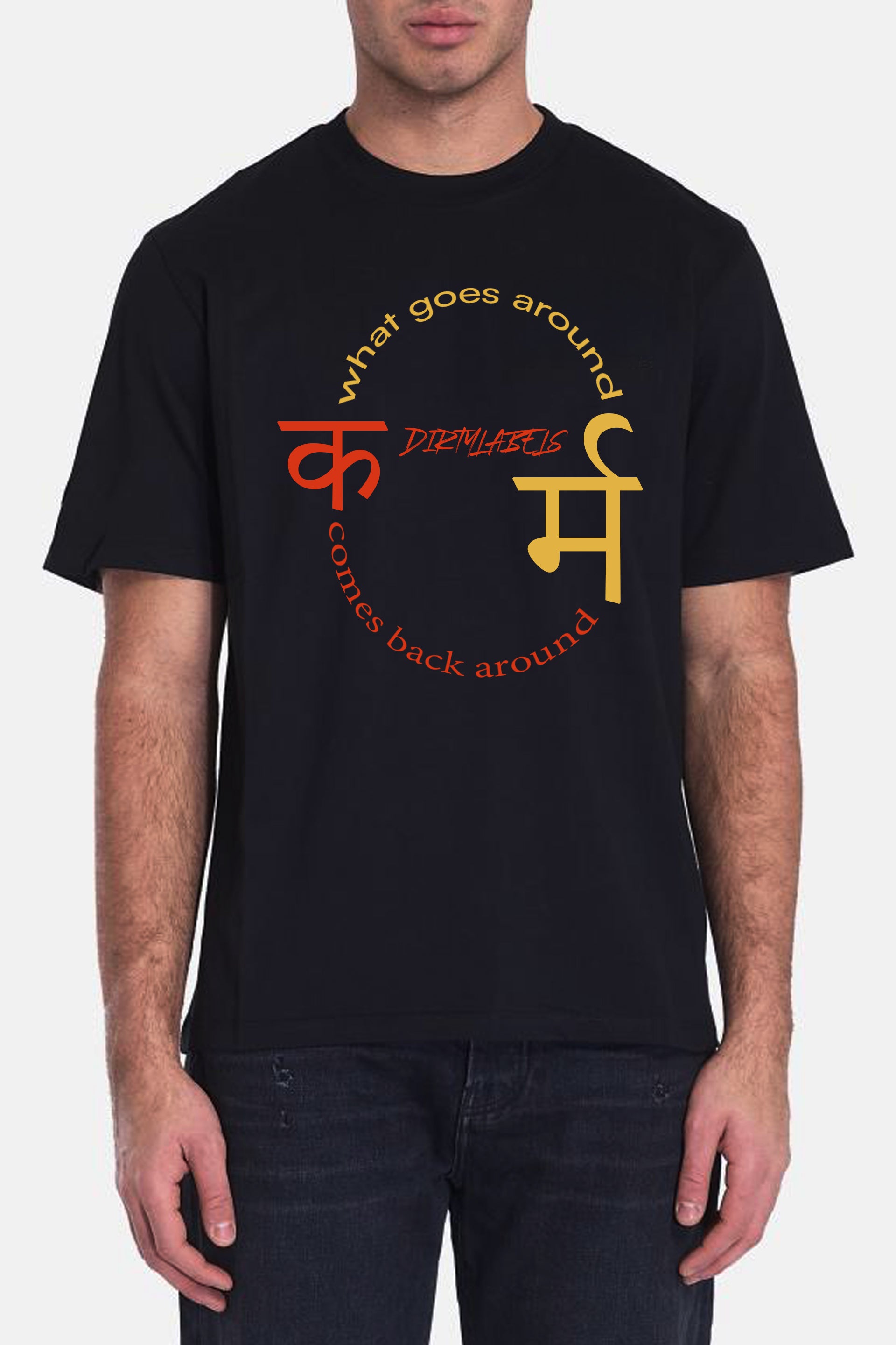 Dirtylabels Karma Premium Cotton Tshirt in black with colorful graphic design and text