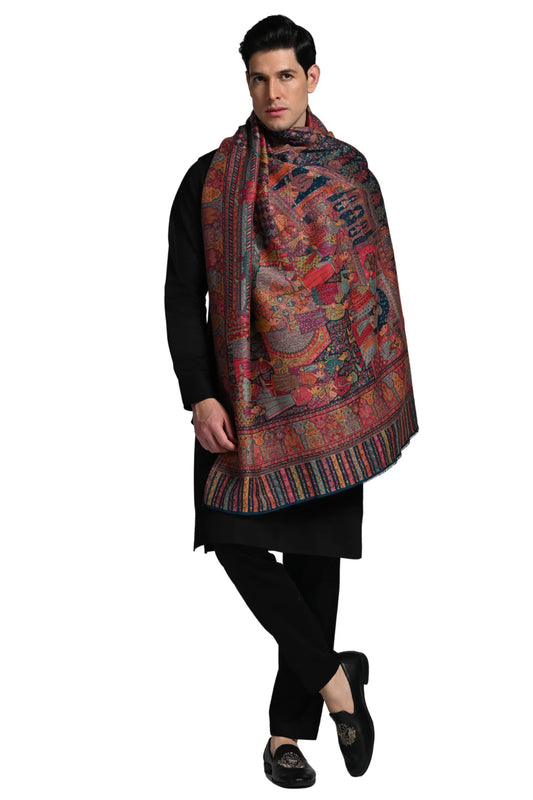 Stylish model wearing a luxury ethnic shawl for winter with intricate patterns and rich colors
